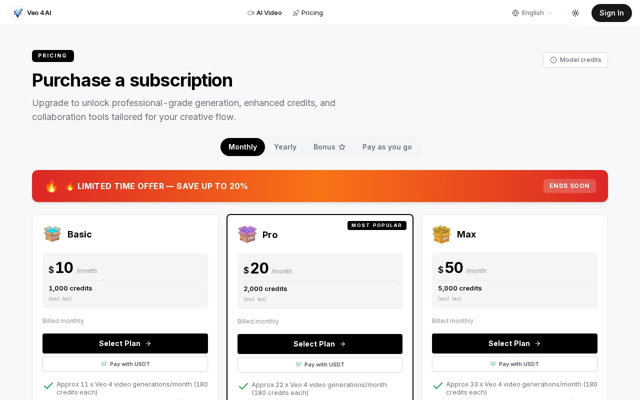 Veo 4 AI — pricing page