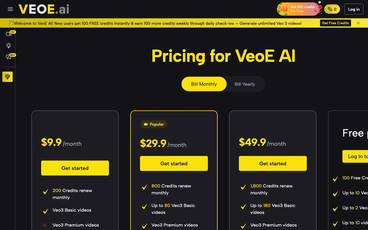 VeoE AI Video Agent — pricing page