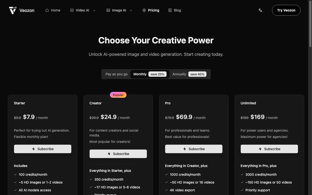 Veozon AI Video Generator — pricing page