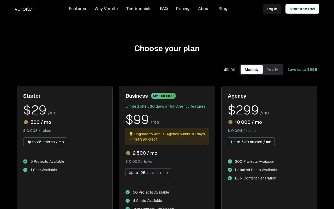 Verbite — pricing page