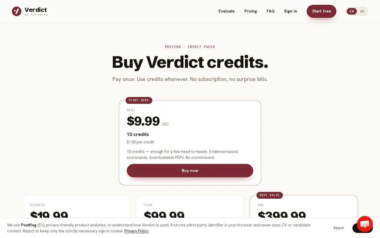 Verdict — pricing page
