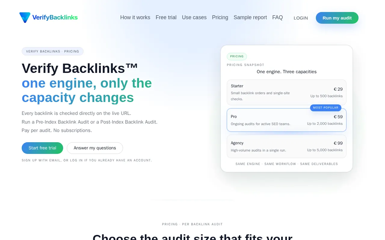Verify Backlinks — pricing page