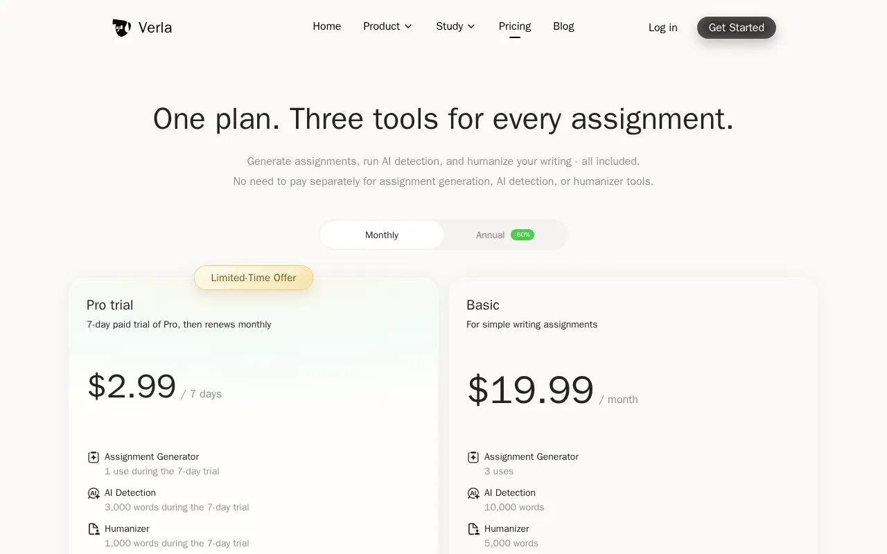 Verla AI — pricing page