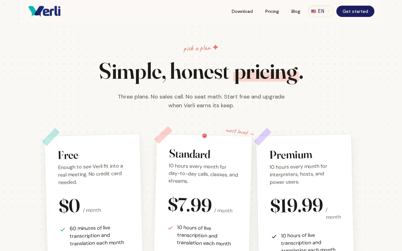 Verli — pricing page