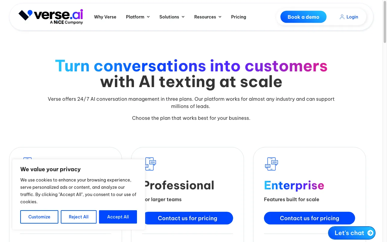 verse.io — pricing page