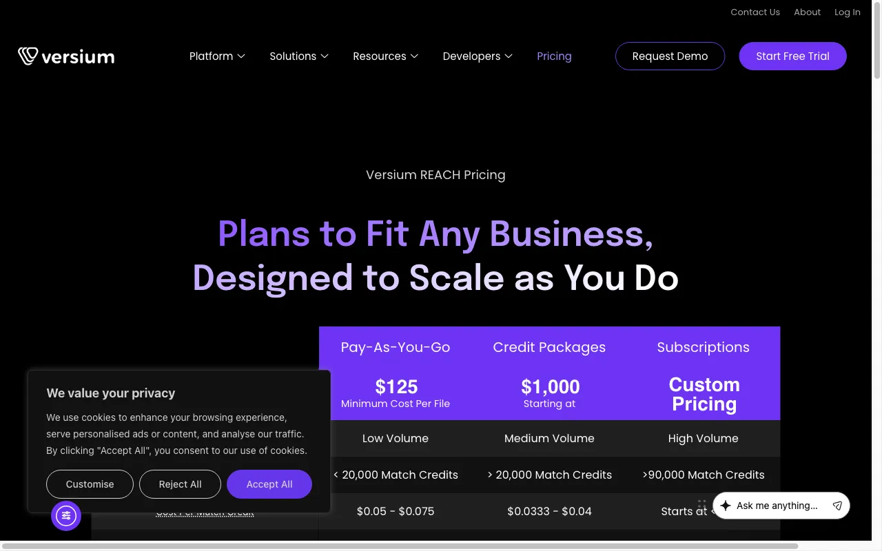 Versium REACH — pricing page
