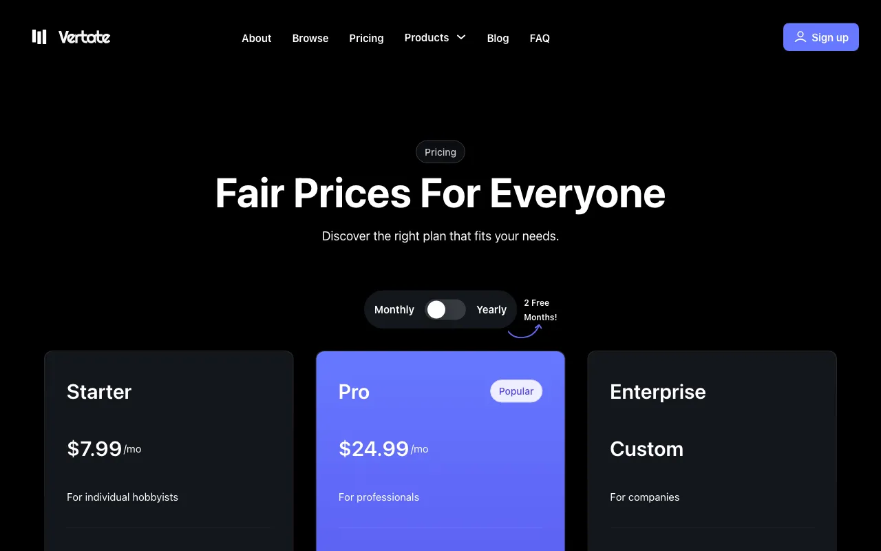 Vertate — pricing page