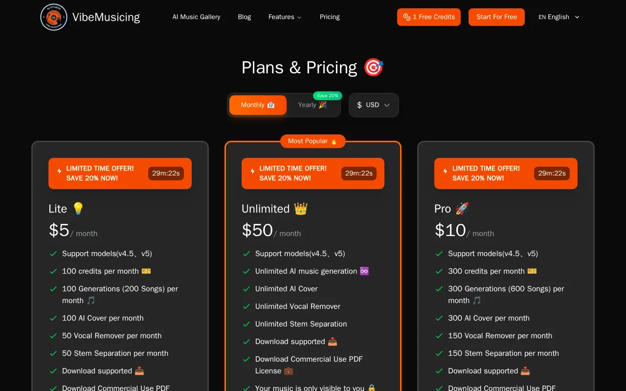 Vibe Musicing AI — pricing page