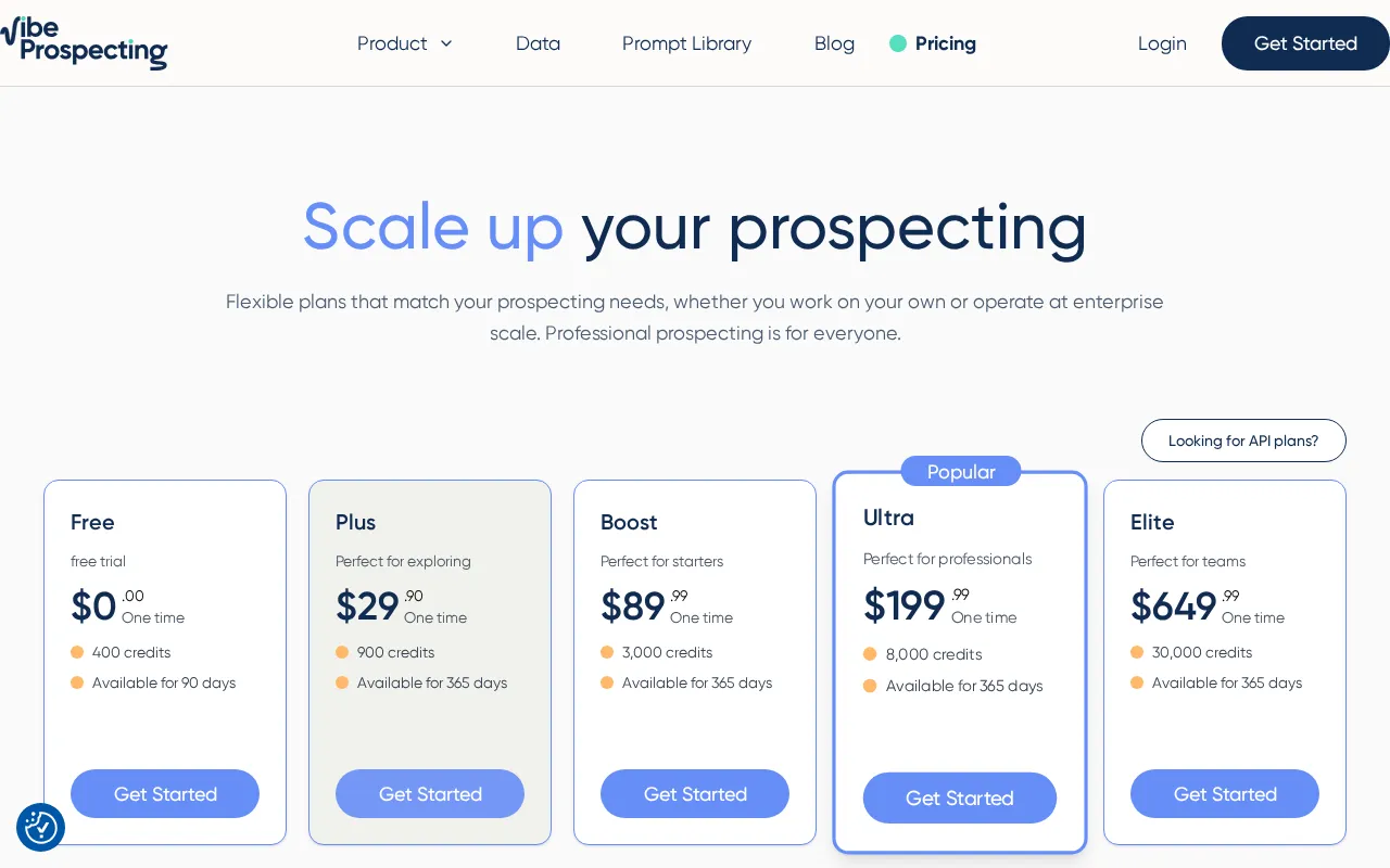 Vibe Prospecting — pricing page
