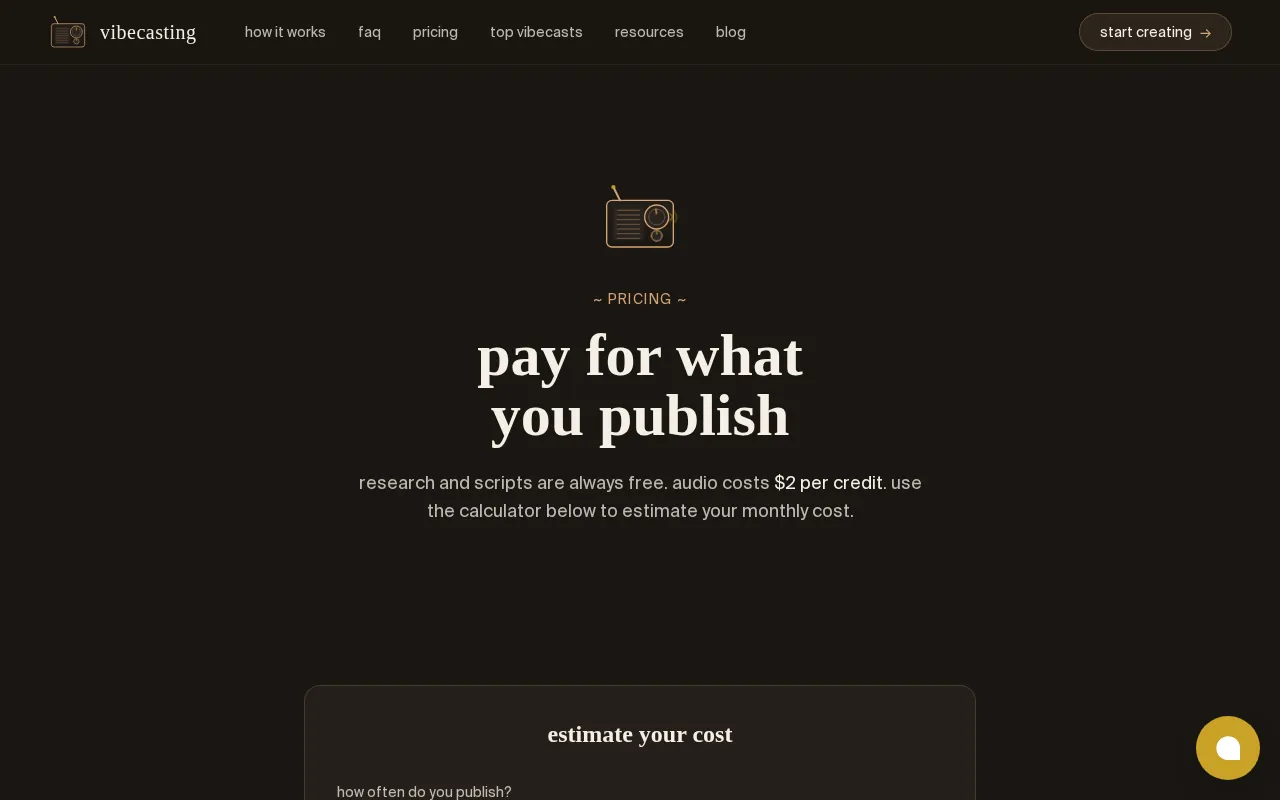 Vibecasting — pricing page