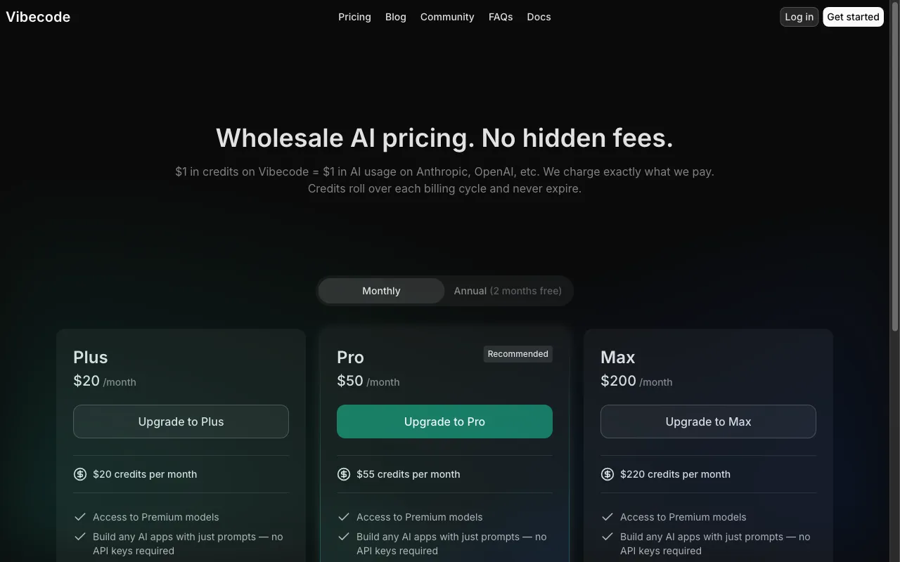 Vibecode — pricing page