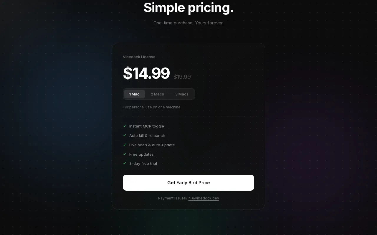 Vibedock — pricing page