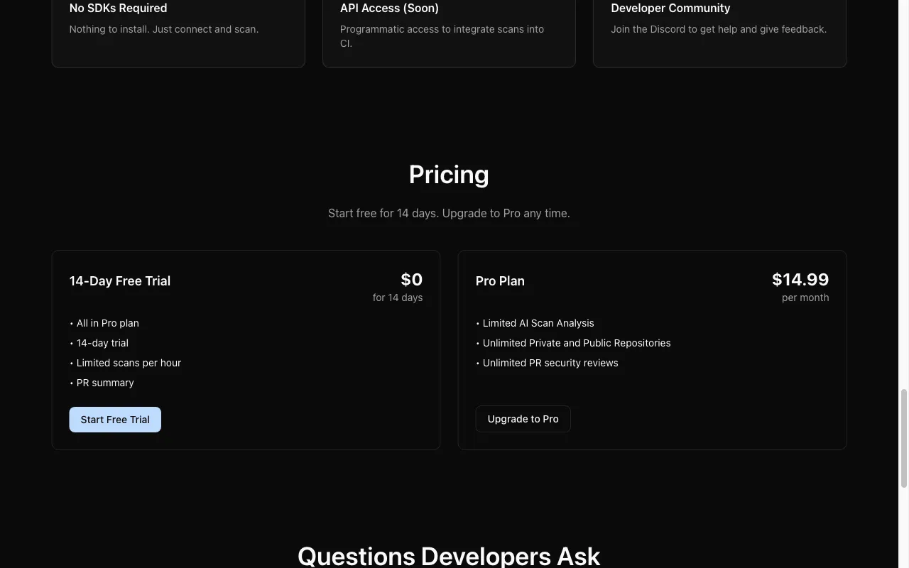 VibeSec — pricing page