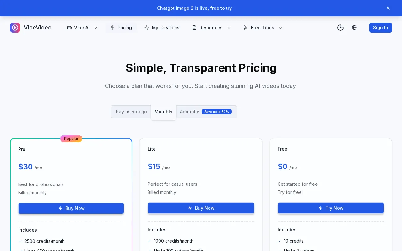 VibeVideo — pricing page