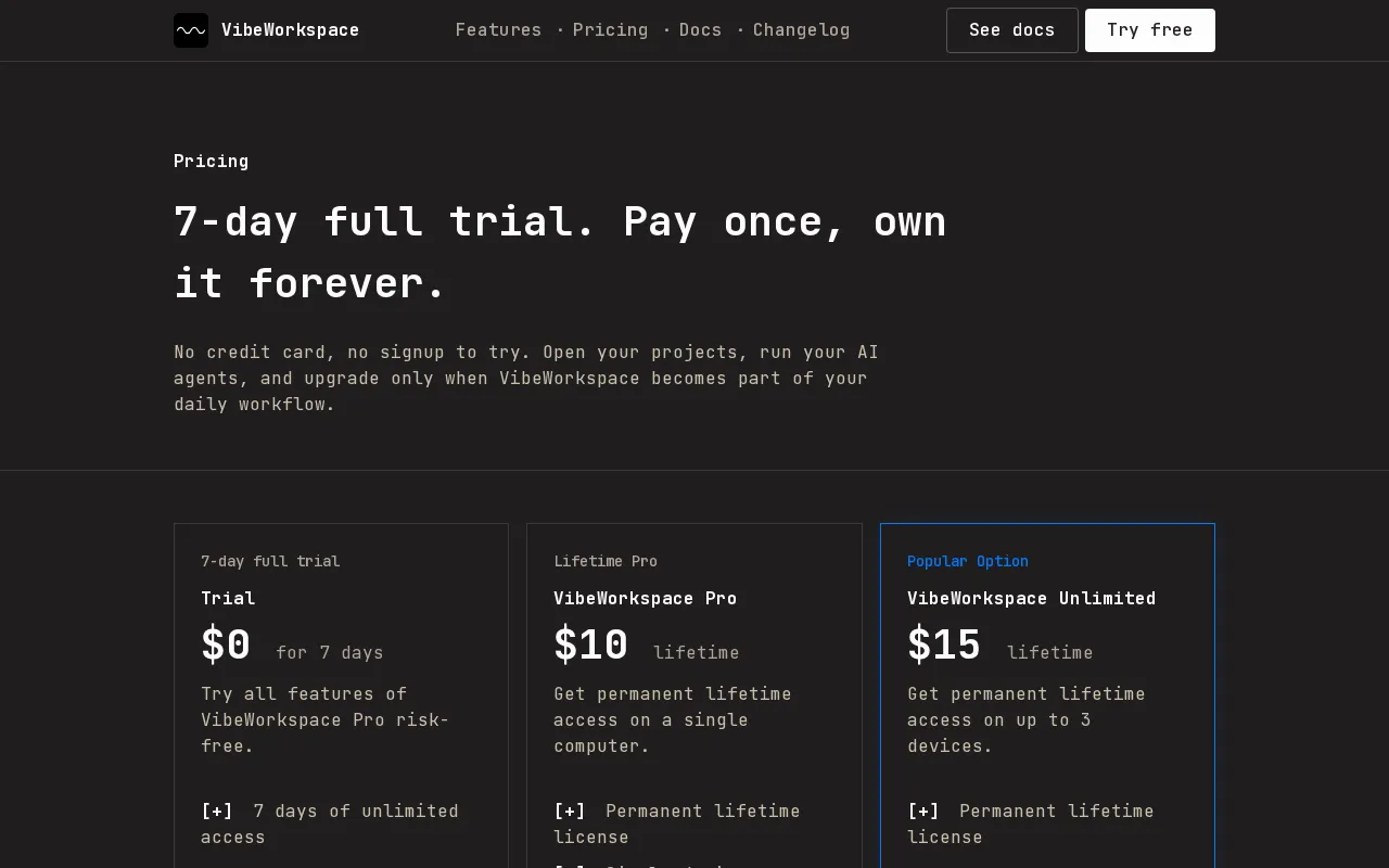 VibeWorkspace — pricing page