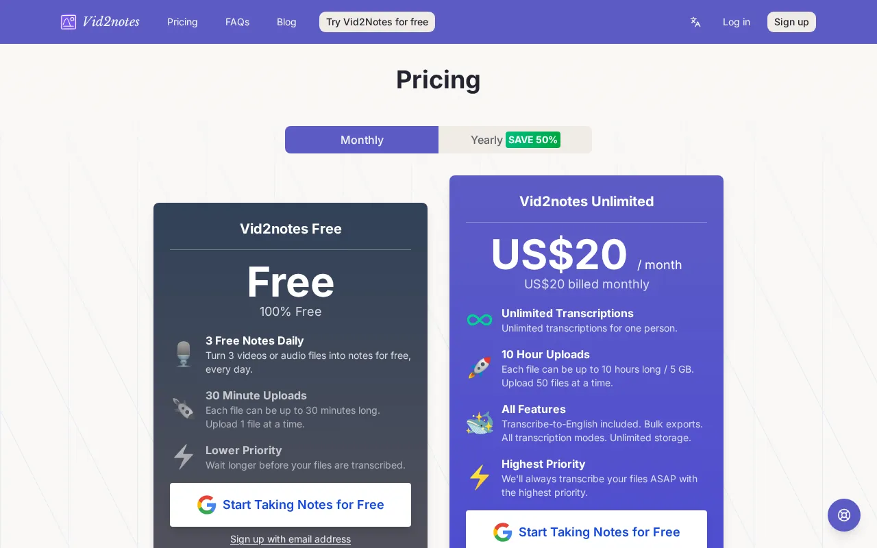 Vid2notes — pricing page