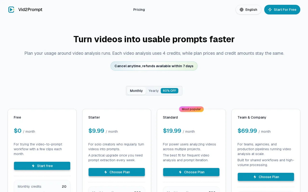 Vid2Prompt — pricing page