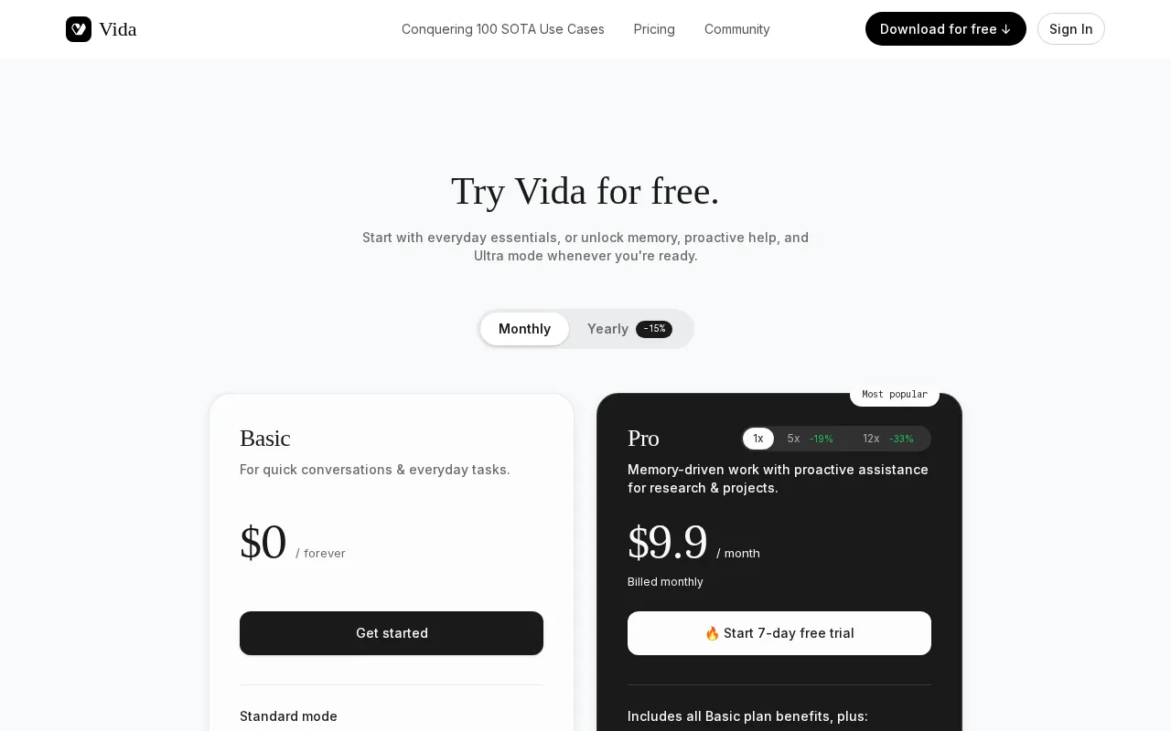 Vida — pricing page