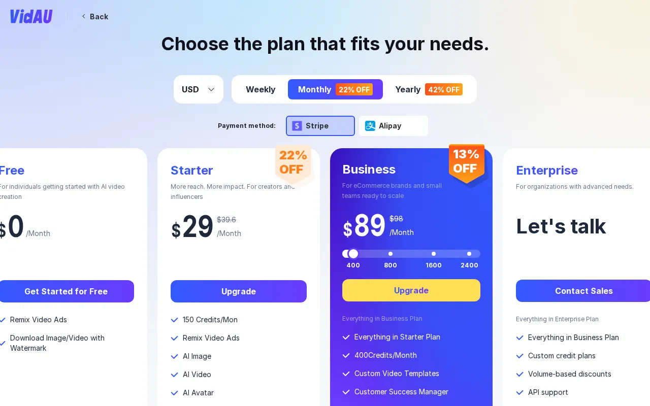 VidAU — pricing page