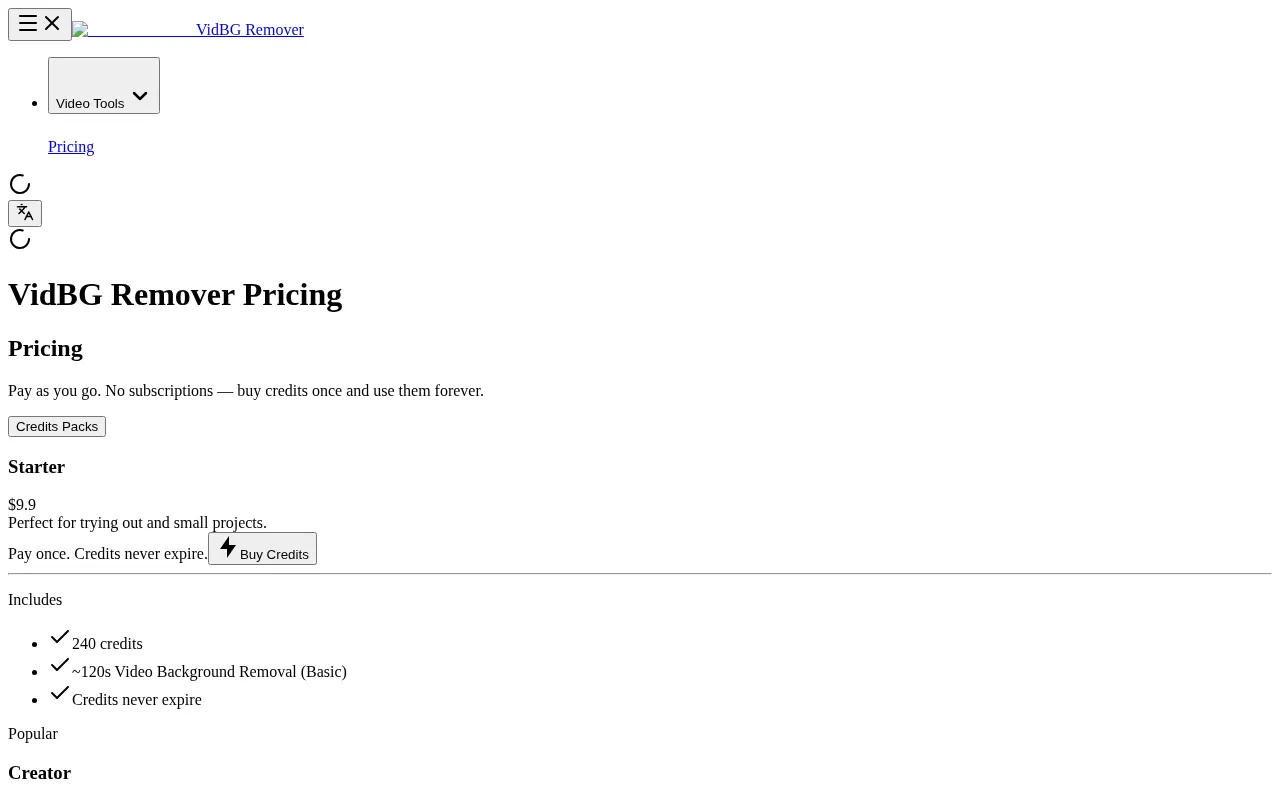 VidBG Remover — pricing page