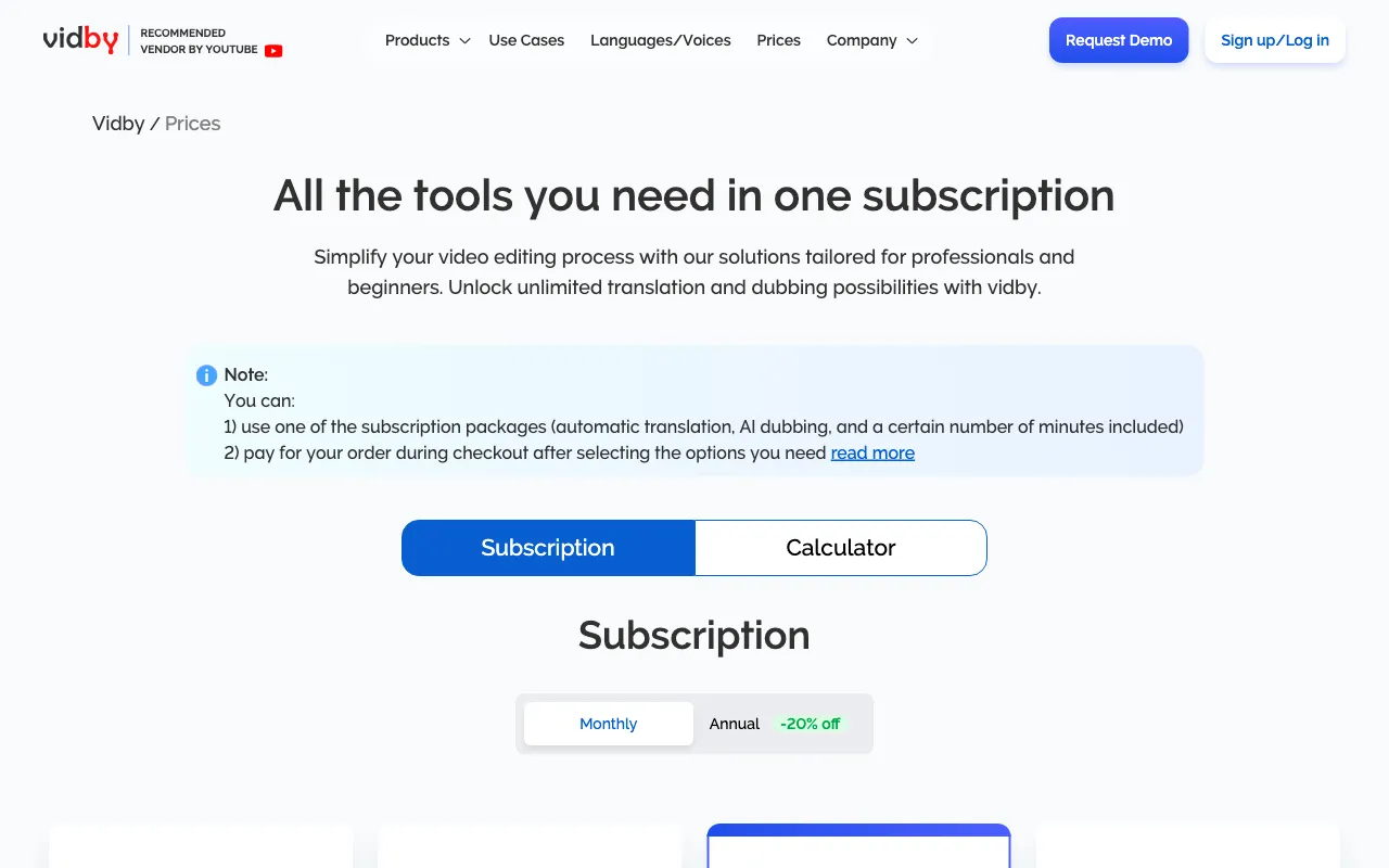 Vidby — pricing page