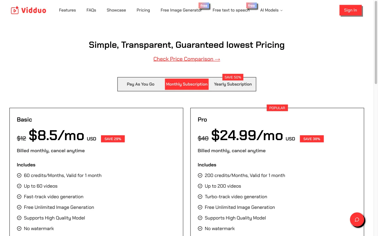 Vidduo — pricing page