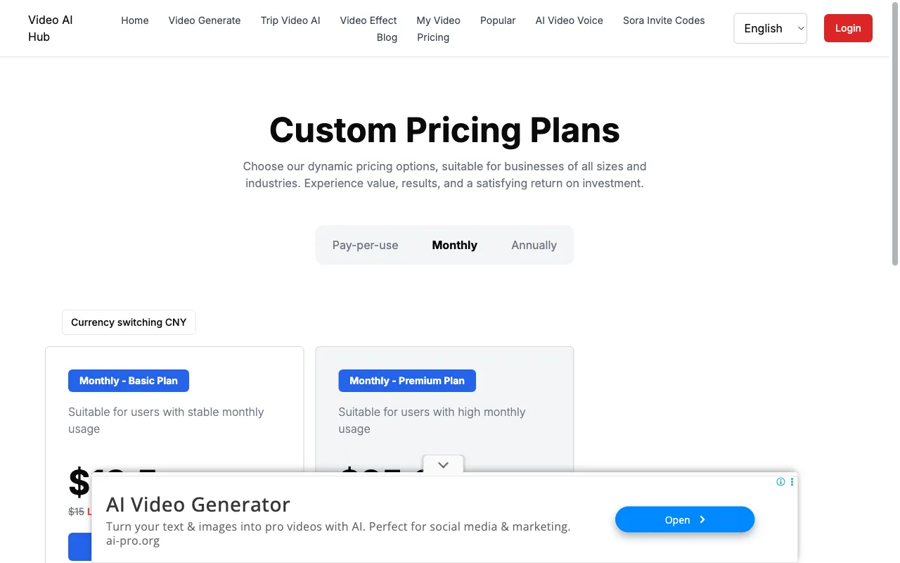 VIDEO AI HUB — pricing page