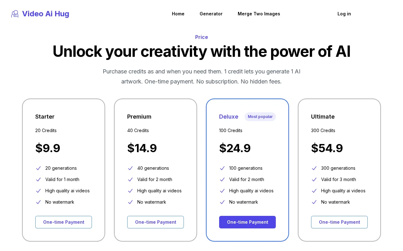 Video Ai Hug — pricing page