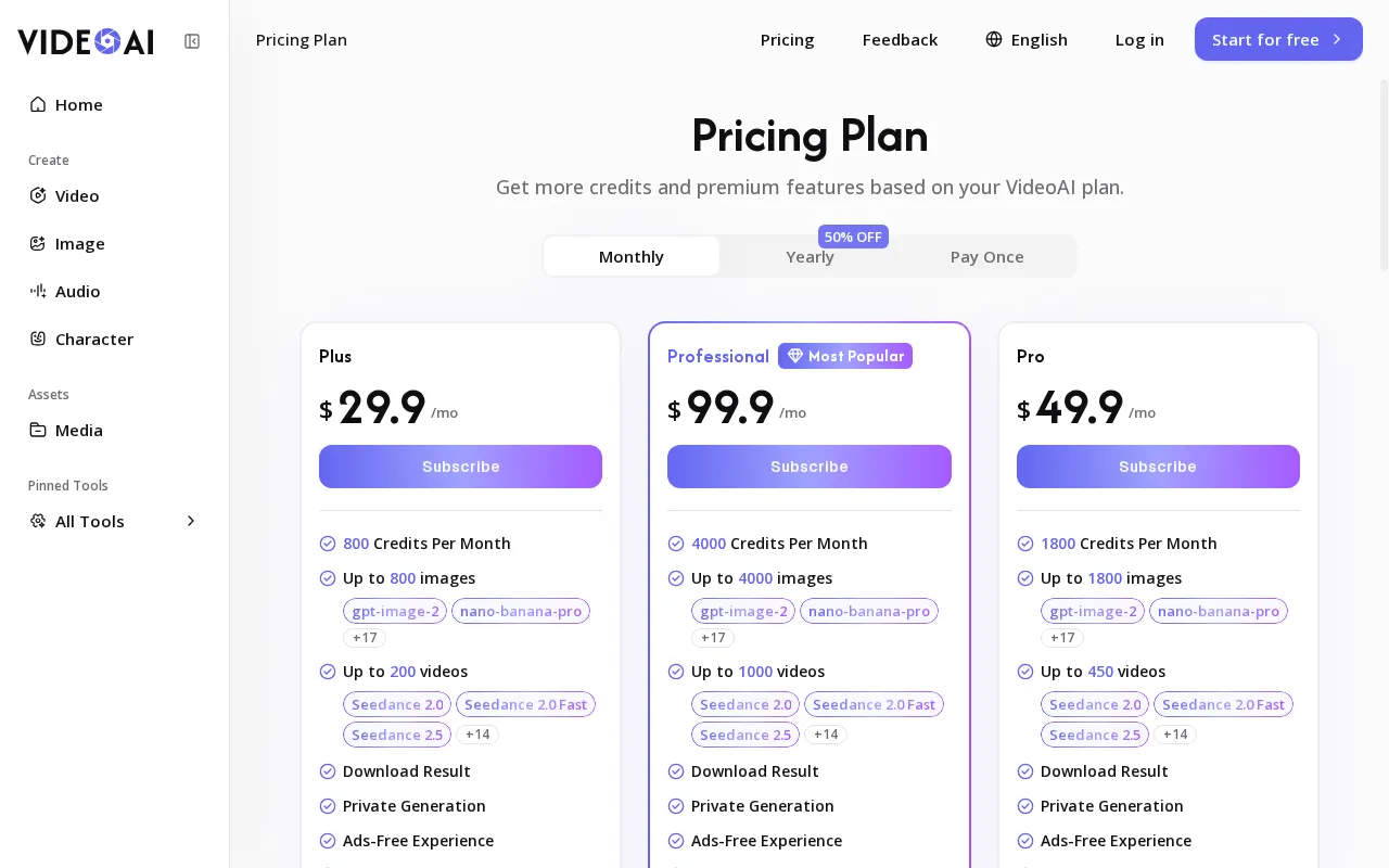 Video AI — pricing page