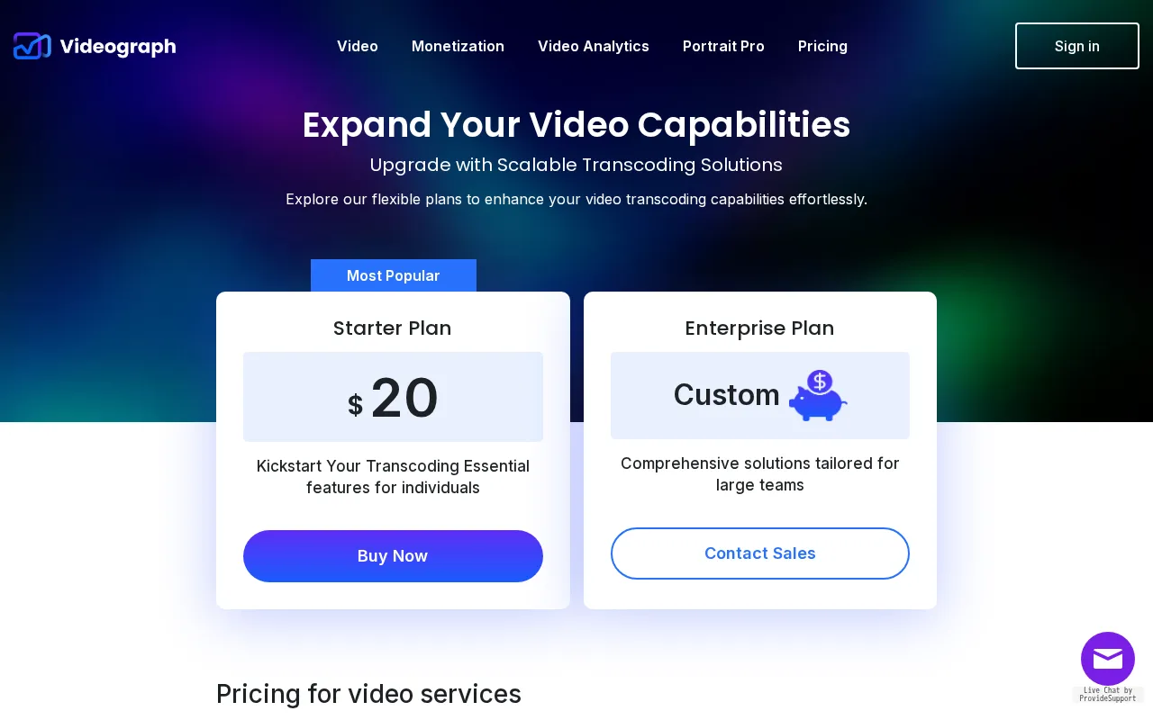 Video APIs for Live and On-demand video streaming — pricing page