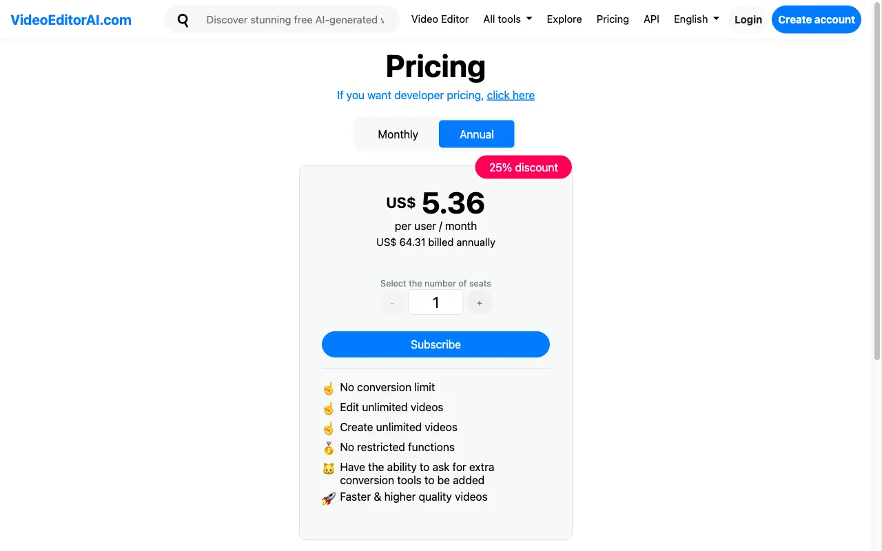 VideoEditorAI.com — pricing page