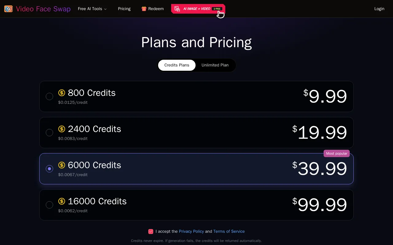Video Face Swap — pricing page