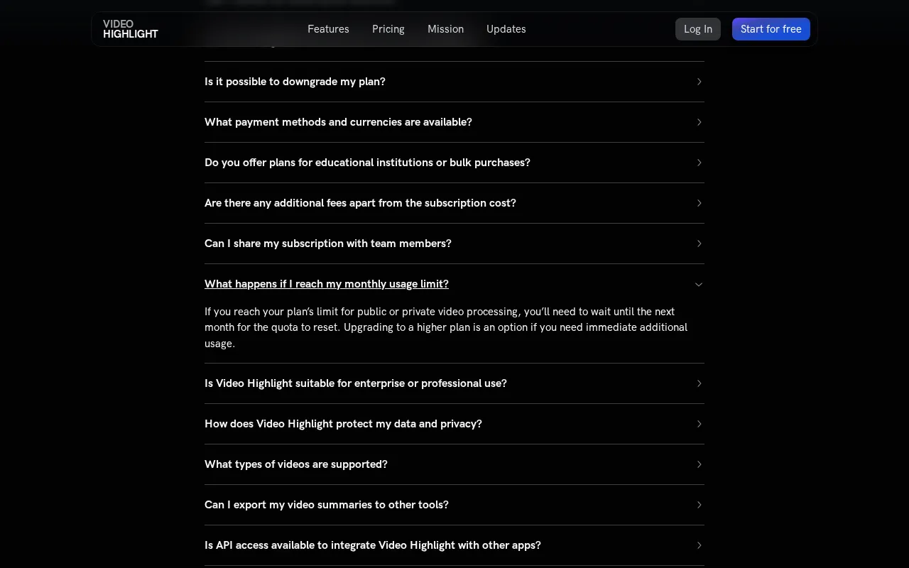 Video Highlight | AI Video Summarizer — pricing page