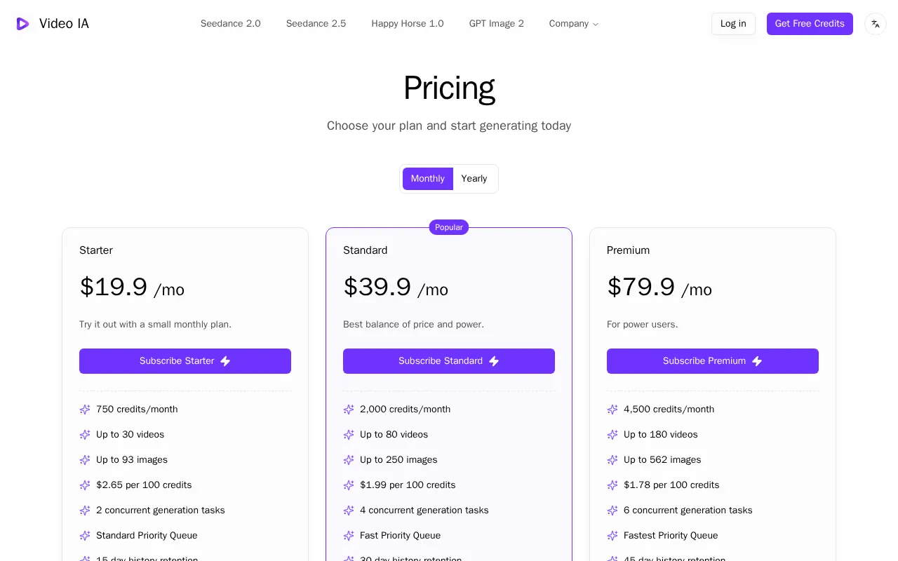 Video IA — pricing page