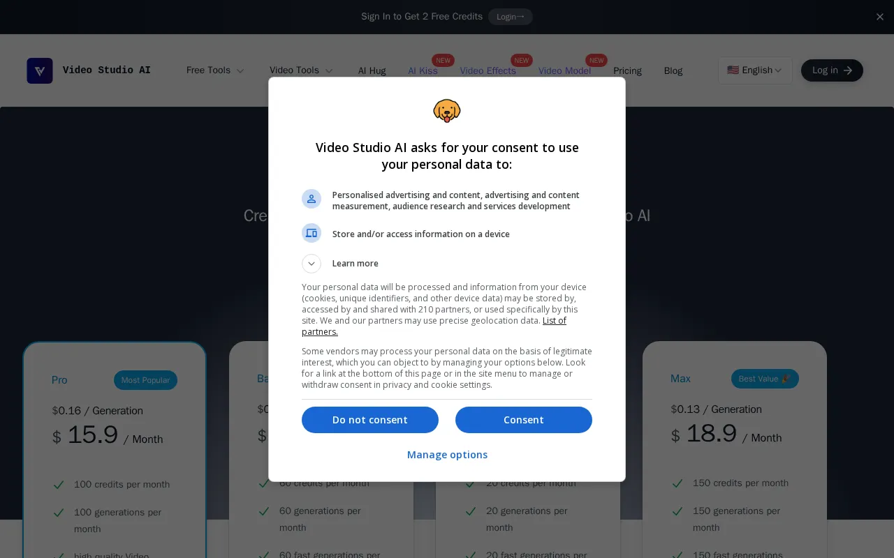 Video Studio AI — pricing page