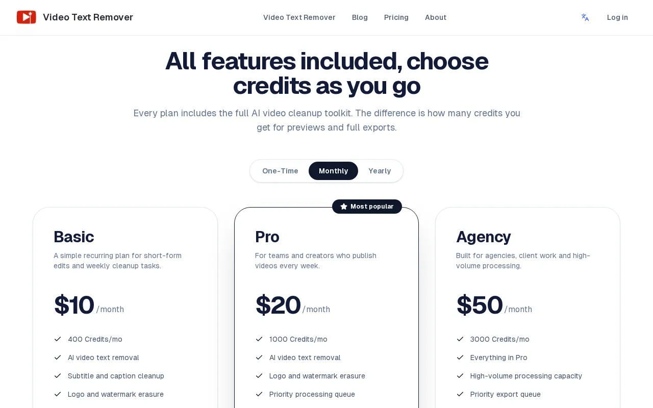 Video Text Remover — pricing page