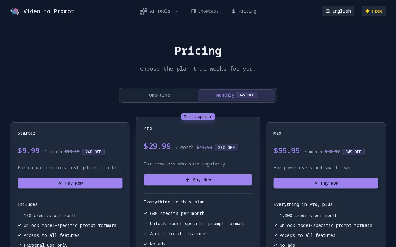 Video to Prompt — pricing page