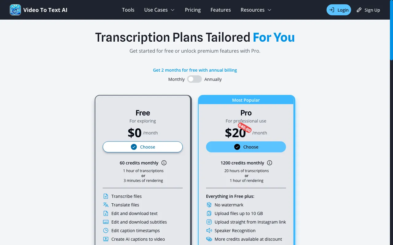 Video To Text AI — pricing page