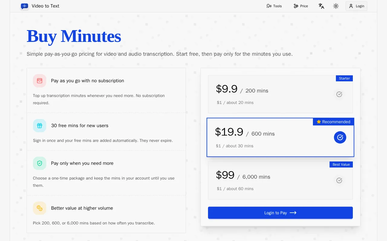Video to Text.net — pricing page