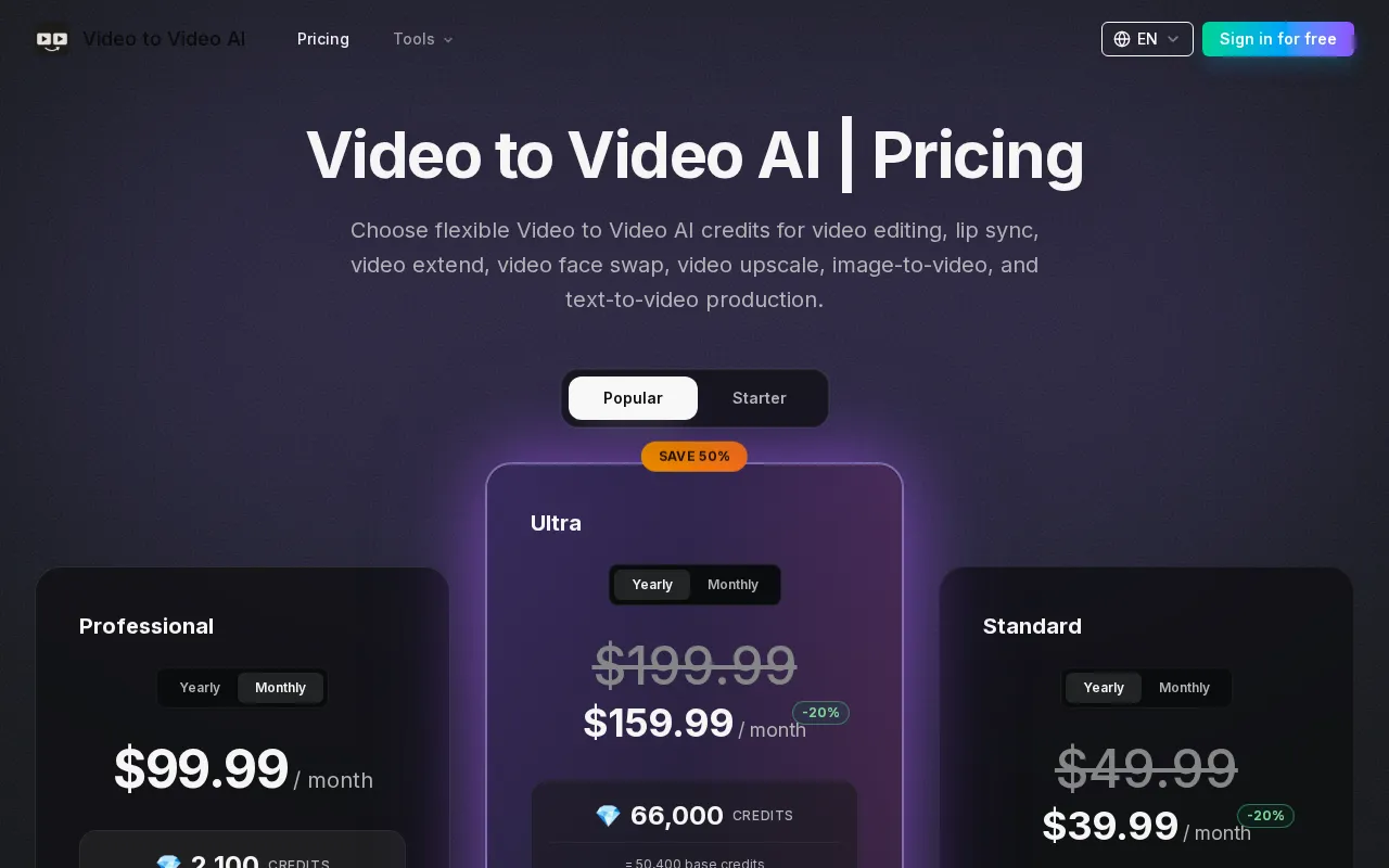 Video to Video AI — pricing page