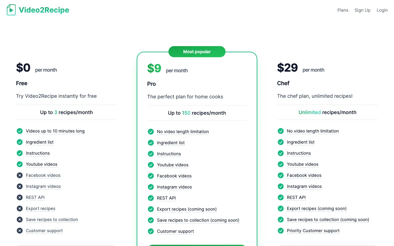 Video2Recipe — pricing page