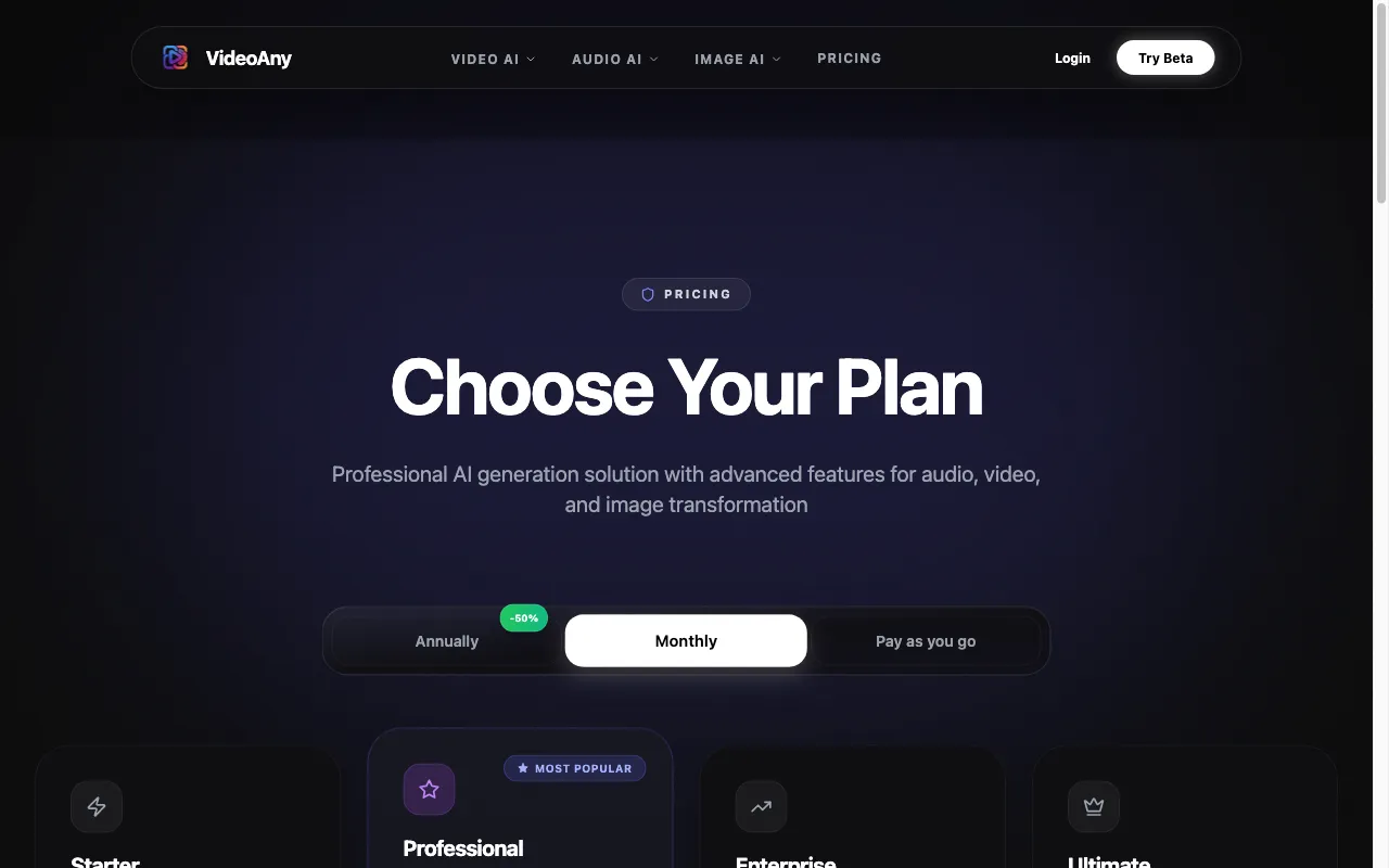 VideoAny — pricing page