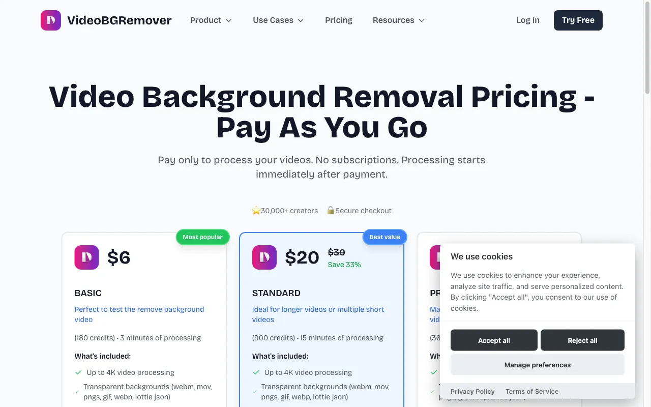 VideoBGRemover — pricing page