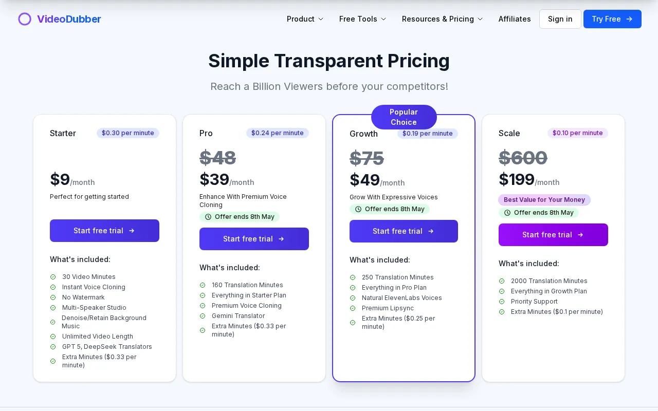 VideoDubber — pricing page