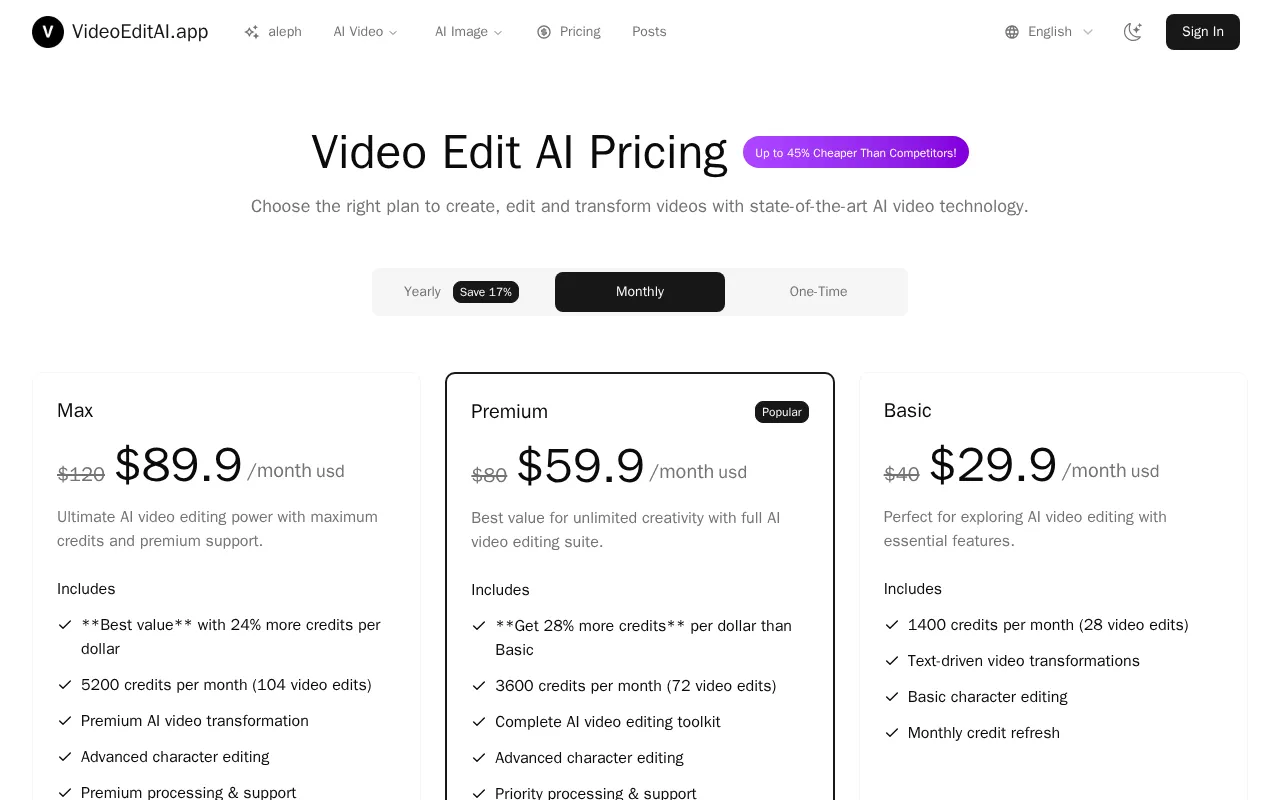 videoeditai.app — pricing page