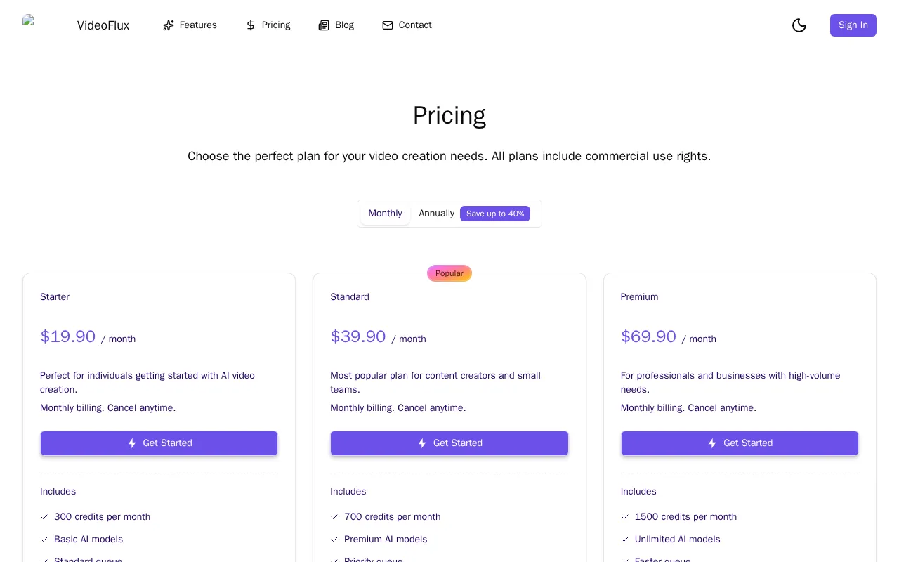 VideoFlux — pricing page