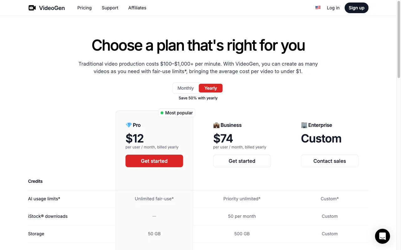 VideoGen — pricing page