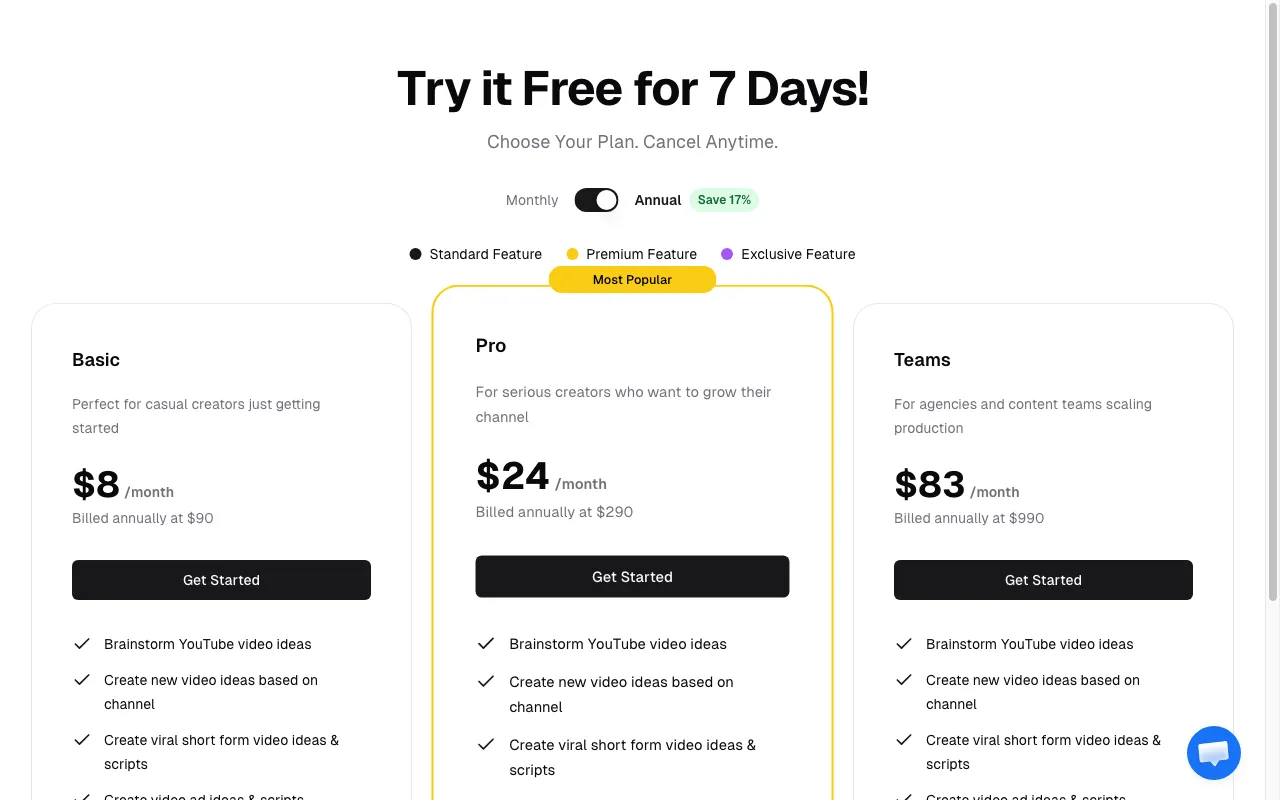 VideoIdeas.ai — pricing page