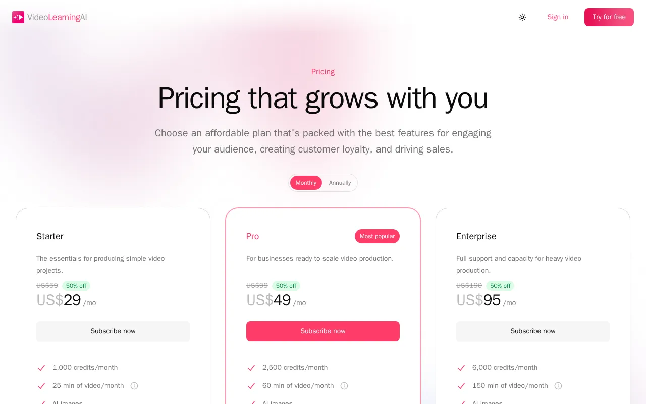 VideoLearningAI — pricing page