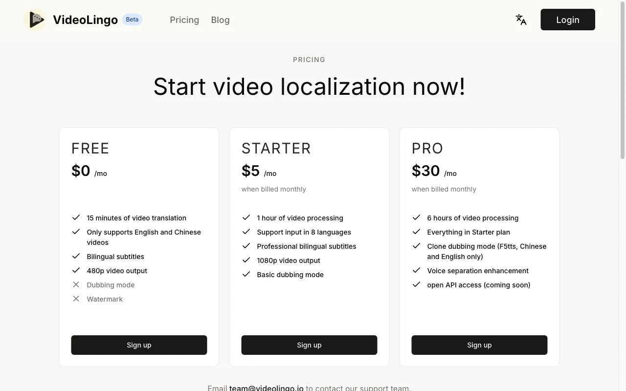 VideoLingo — pricing page